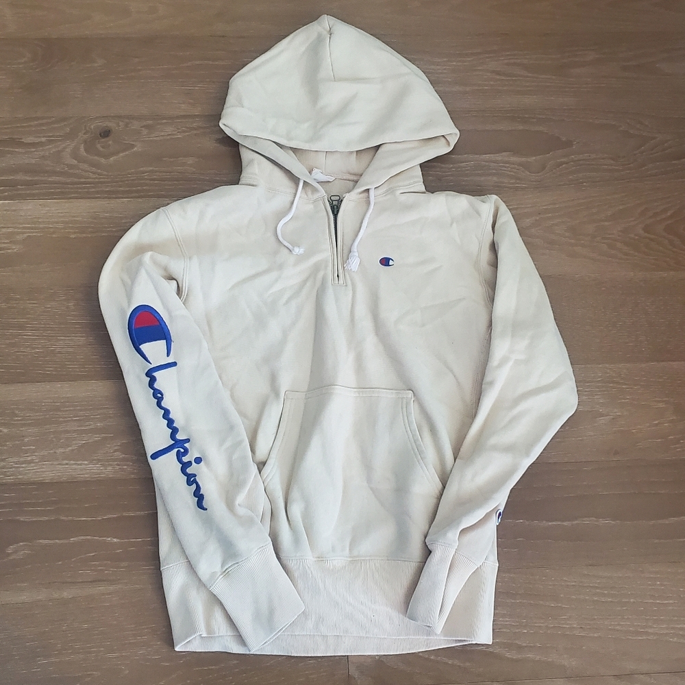 Champion Reverse Weave Sweatshirt 1/4 Zip Hoodie Size Medium Cream Beige